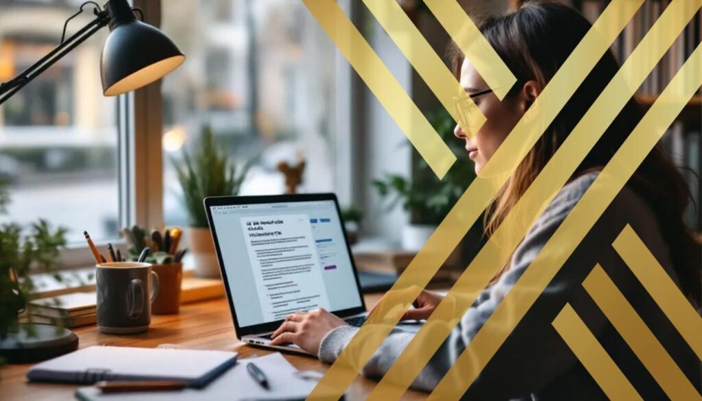 The image depicts a focused remote worker studying various resources about the UK Standard Visitor Visa, surrounded by notes and a laptop displaying the online application form. The workspace is organized, reflecting the careful preparation needed for the visa application process, including eligibility requirements and required documents for visiting the UK.