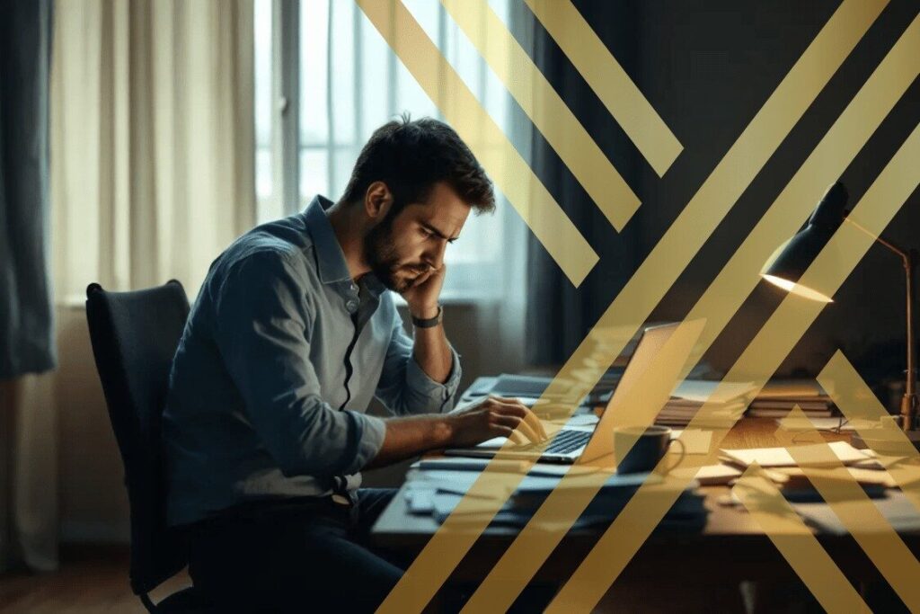 The image depicts a person sitting at a desk, intently writing an appeal letter after receiving a UK visa refusal letter.