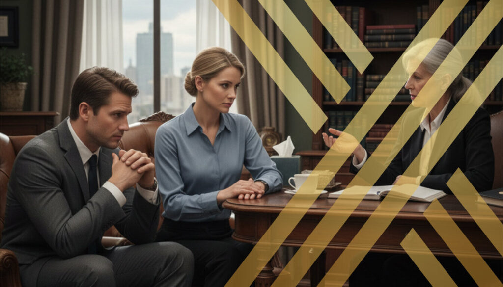 husband and wife sitting in a lawyer's chamber, where a lawyer discusses their financial settlement after divorce