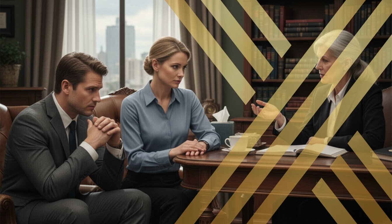 husband and wife sitting in a lawyer's chamber, where a lawyer discusses their financial settlement after divorce