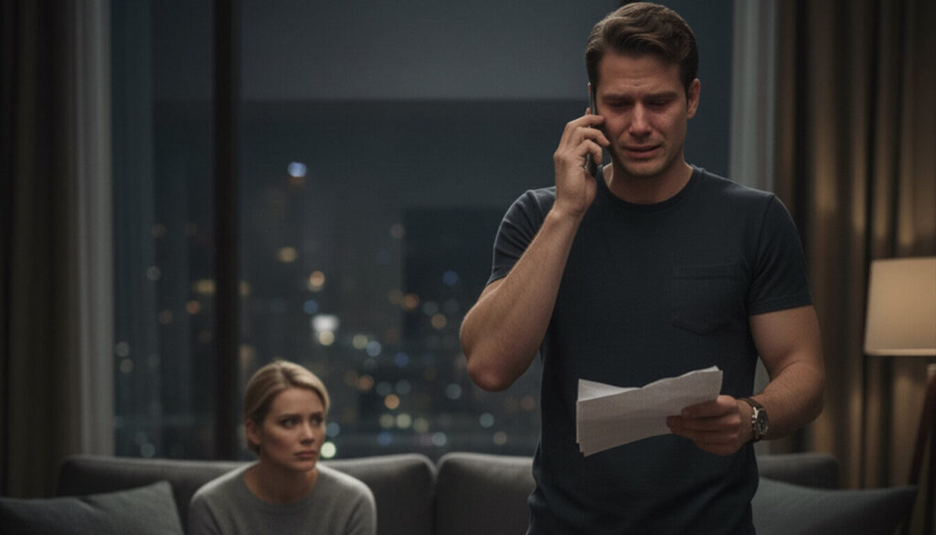 The image depicts a frustrated man on the phone, likely discussing financial matters related to his divorce, while his worried wife sits on the couch beside him.