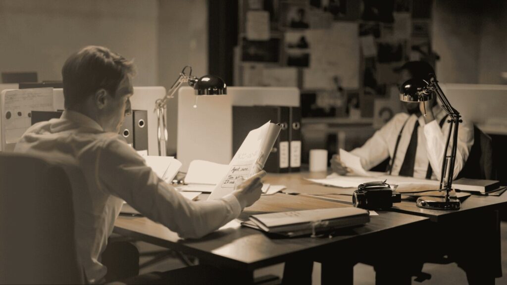 person sitting at a table, looking anxious as they are questioned by a team of HMRC officers during a tax evasion investigation