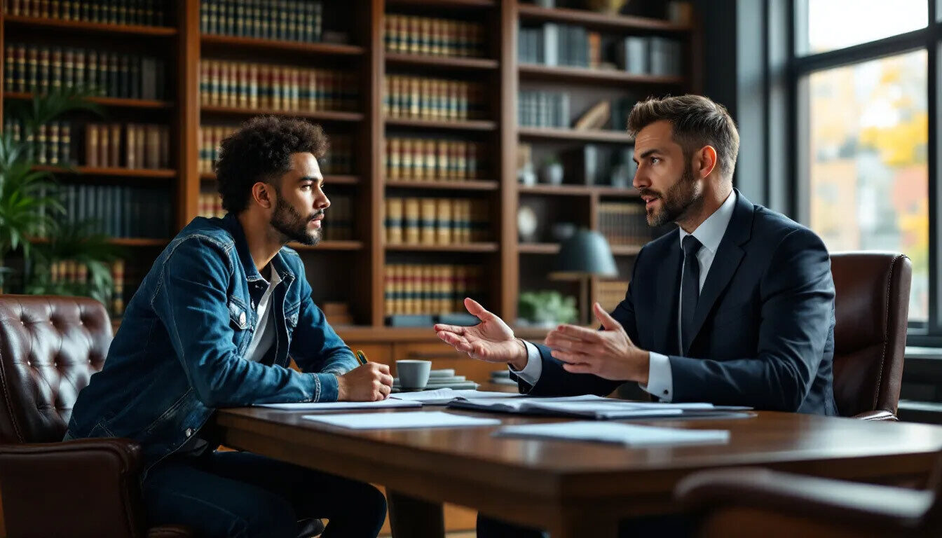 individual is seated in a lawyer's chamber, engaging in a discussion with a lawyer about Tax Investigation Insurance