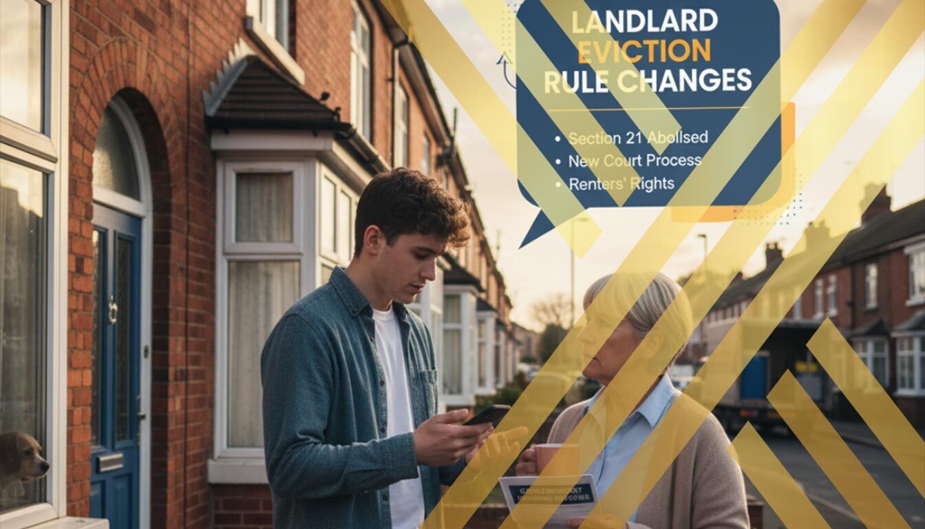 A young male tenant shows his phone to an older female homeowner, who holds a mug and a newspaper with the headline "LANDLORD EVICTION RULE CHANGES," as they discuss the new regulations