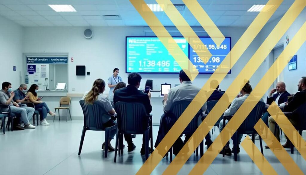 The image depicts a UK hospital setting where several individuals are seated, likely waiting for medical care related to a medical evacuation. The atmosphere suggests a focus on urgent healthcare services, emphasizing the critical role of air ambulance services in providing support for patients requiring immediate specialist treatment.