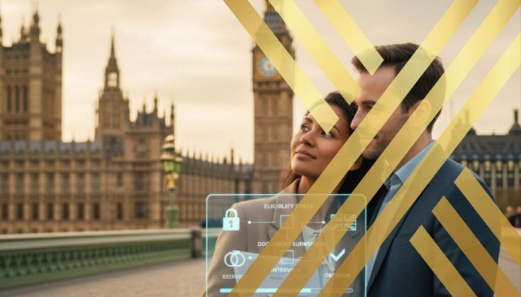 A hopeful couple stands on a bridge with the iconic Big Ben and Houses of Parliament in the background at sunset, symbolizing their aspirations for UK entry