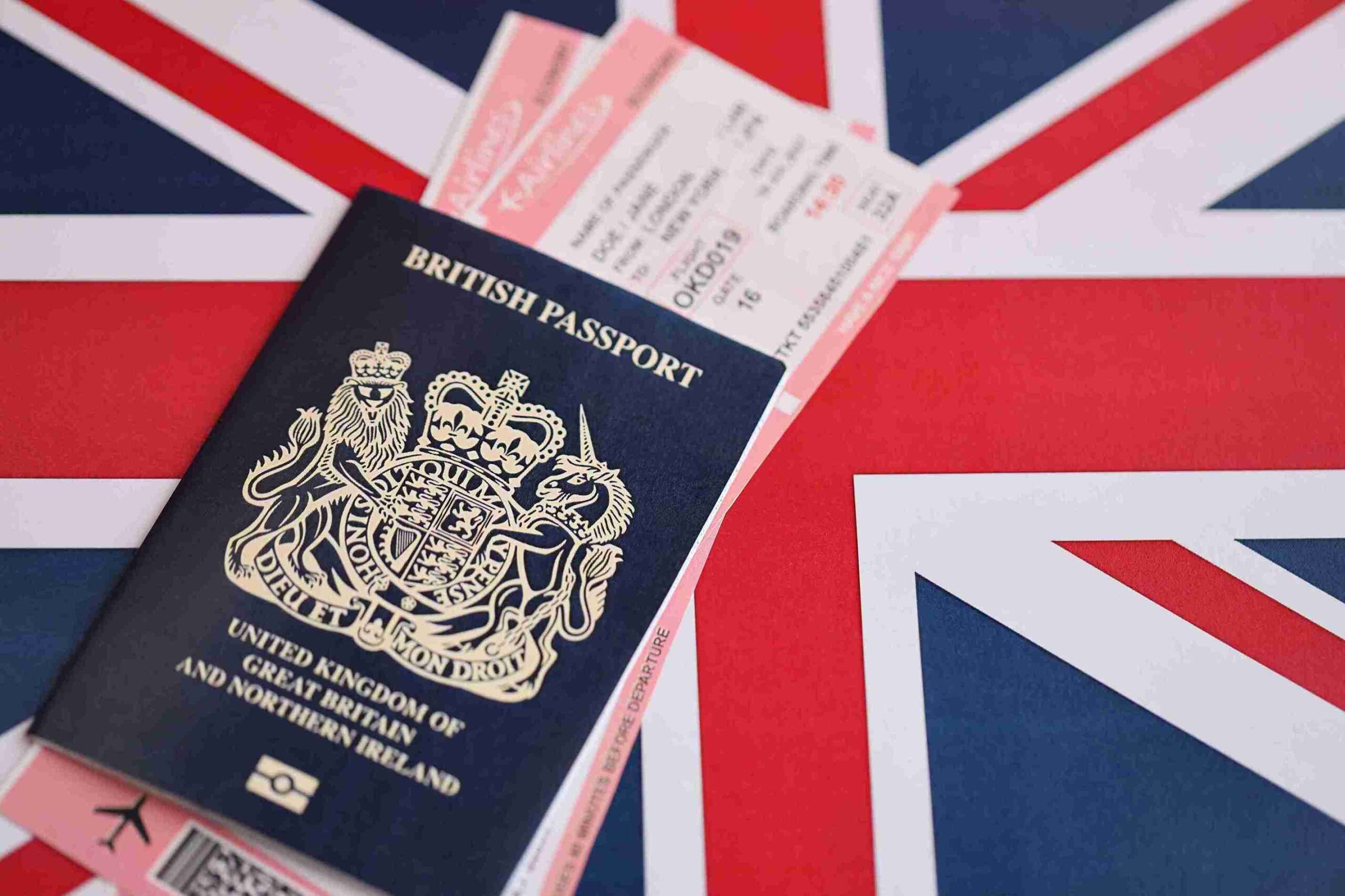 British passport resting on a British flag, symbolizing British citizenship and naturalisation.