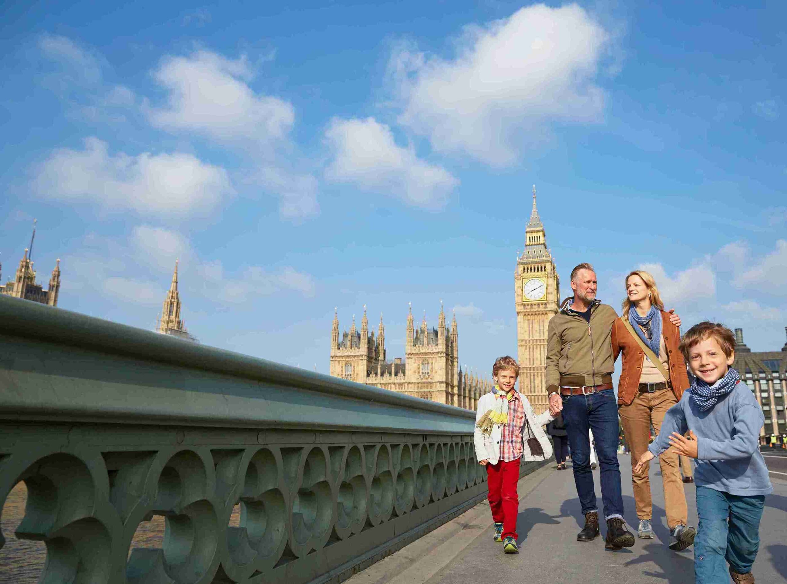 A family strolls across a bridge with Big Ben towering in the background, capturing a moment in London