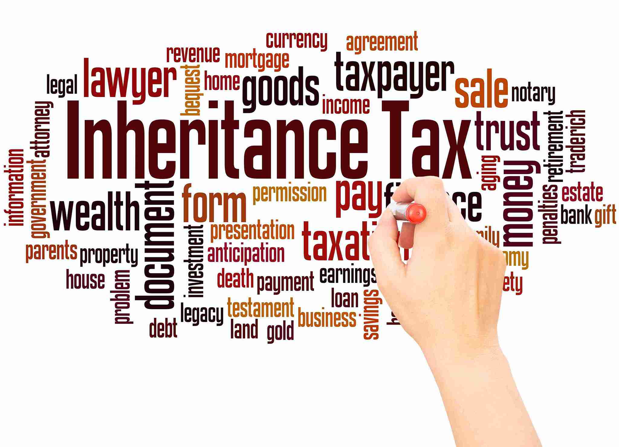 A hand writing with a red marker on a word cloud featuring "Tax" prominently. Keywords include wealth, lawyer, taxpayer, and money.