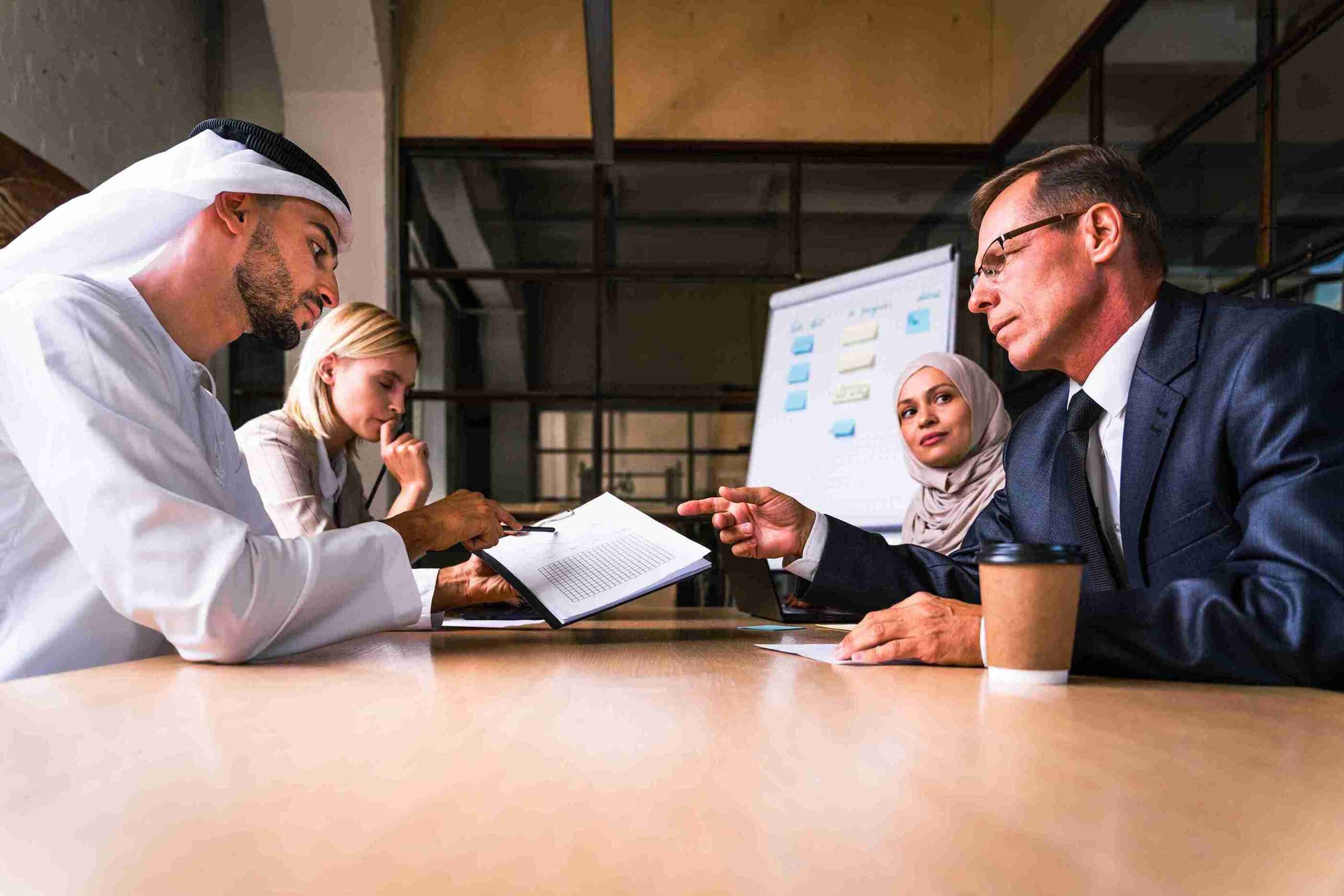 Four business professionals in meeting reviewing documents and flowchart, representing advisory services UK law with Shariah principles.