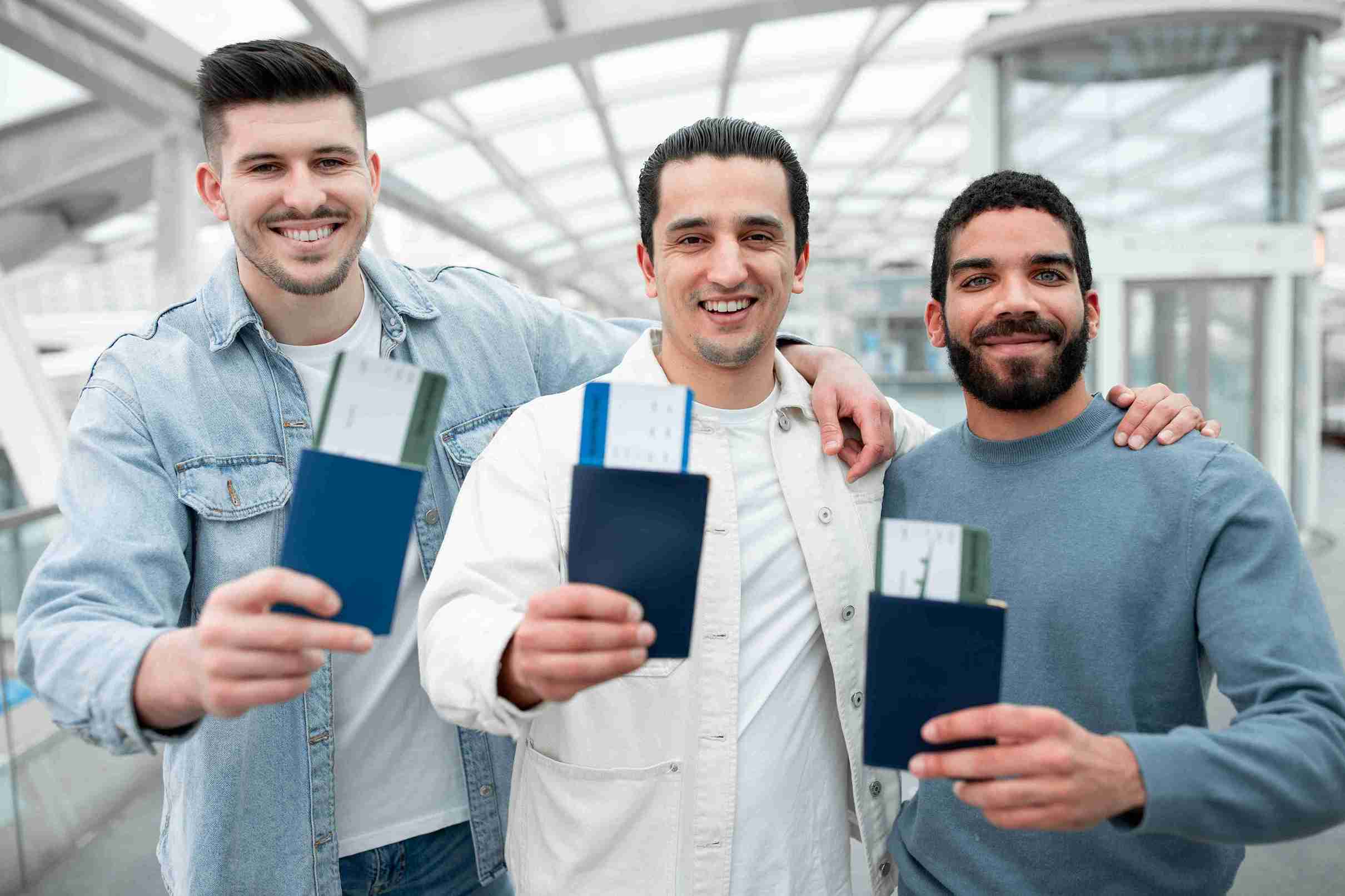 Three men proudly displaying their passports, smiling and standing together in a well-lit environment.