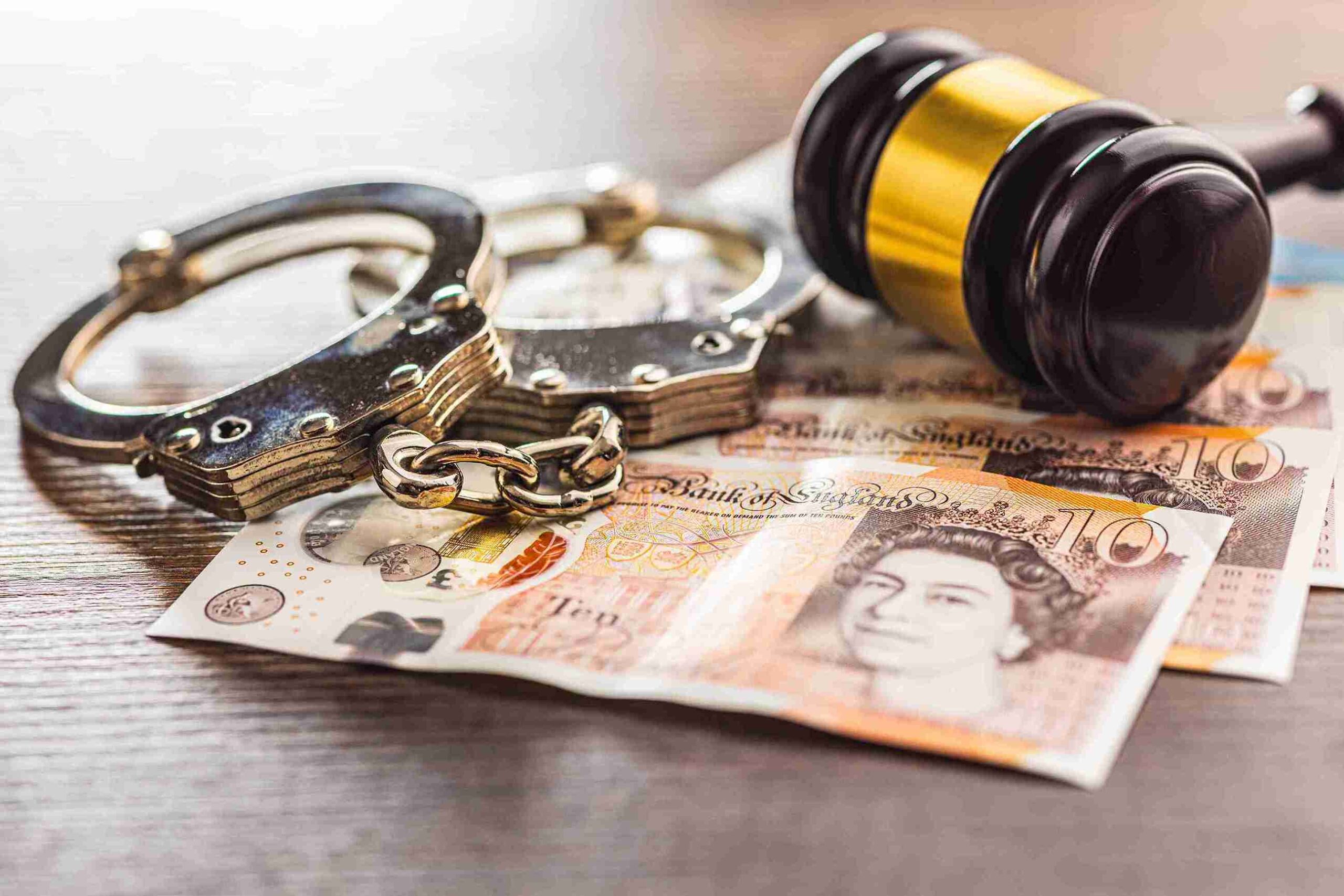 Handcuffs and gavel on British banknotes, representing fraud investigations into suspected financial and tax misconduct.